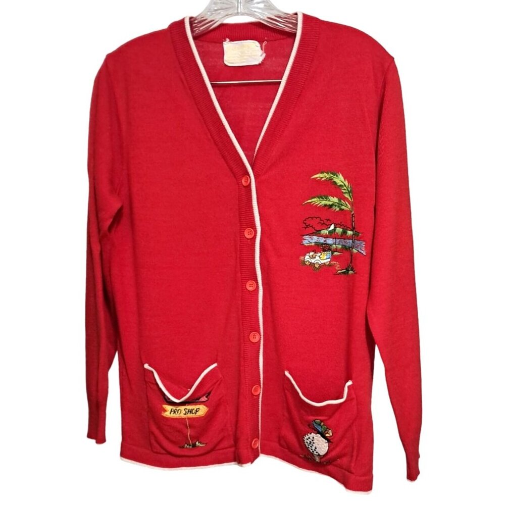 Womens Golf Cardigan Sweater Red Vintage Andrew Argenti Embroidery Acrylic Count - Picture 1 of 6